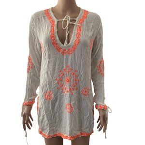 Embroidered White Coverup with Coral Accents